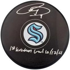 Ryan Donato Autographed Official Seattle Kraken Logo Hockey Puck W/ "First Kraken Goal 10/12/21" Inscription Fanatics
