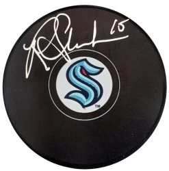 Riley Sheahan Autographed Official Seattle Kraken Logo Hockey Puck Fanatics