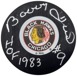Bobby Hull Autographed Official Chicago Blackhawks Logo Hockey Puck W/ "HOF 1983" Inscription Beckett
