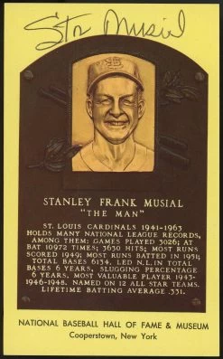 Stan Musial Autographed Baseball HOF Plaque Postcard JSA