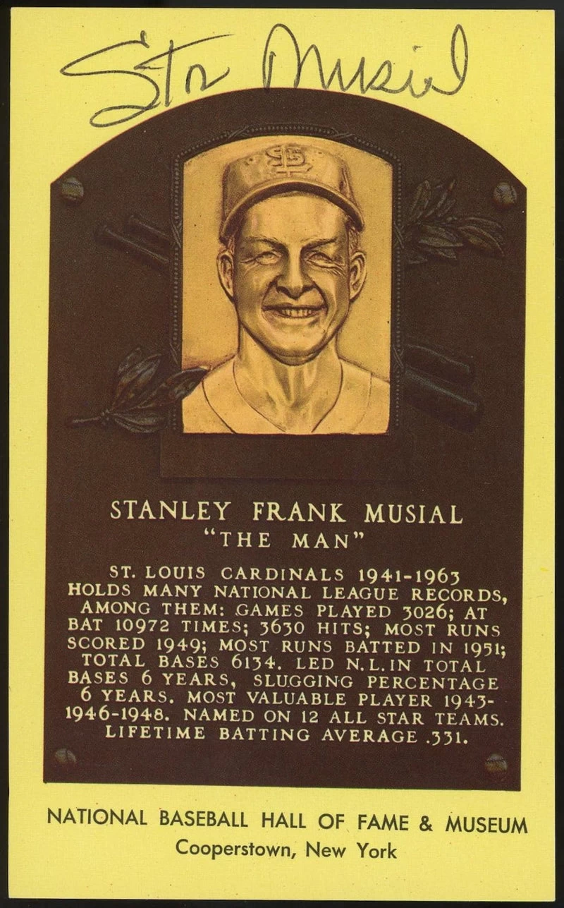 Stan Musial Autographed Baseball HOF Plaque Postcard JSA 3 Stan Musial Autographed Baseball HOF Plaque Postcard JSA
