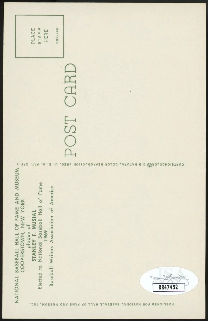 Stan Musial Autographed Baseball HOF Plaque Postcard JSA 4 Stan Musial Autographed Baseball HOF Plaque Postcard JSA - Image 2