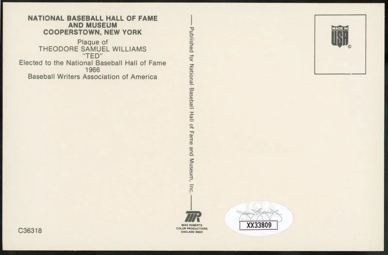 Ted Williams Autographed Baseball HOF Plaque Postcard JSA 4 Ted Williams Autographed Baseball HOF Plaque Postcard JSA - Image 2