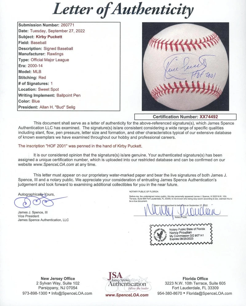 Kirby Puckett Autographed MLB Selig Baseball W/ HOF 2001 Inscription JSA 5 Kirby Puckett Autographed MLB Selig Baseball W/ HOF 2001 Inscription JSA - Image 3