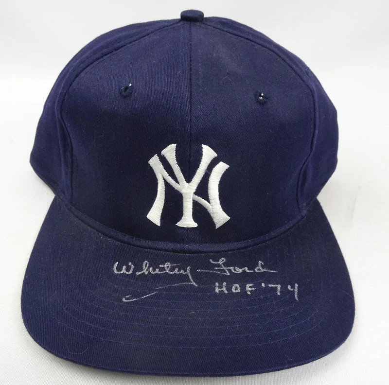 Whitey Ford Autographed New York Yankees Adjustable Baseball Hat With HOF '74 Inscription JSA 3 Whitey Ford Autographed New York Yankees Adjustable Baseball Hat With HOF '74 Inscription JSA