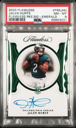 2020 Panini Flawless Jalen Hurts Philadelphia Eagles Rookie Signatures Emerald /5 FRSJHU PSA 8