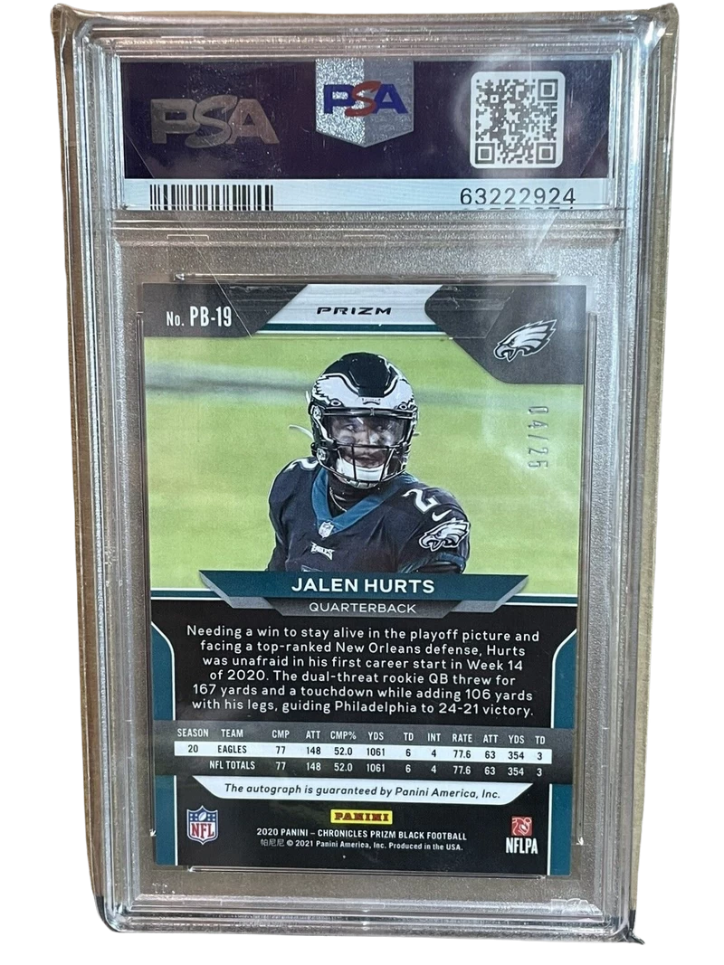 2020 NFL Panini Chronicles Jalen Hurts Rookie Prizm Black Sig Blue PB-19 /25 PSA 10 4 2020 NFL Panini Chronicles Jalen Hurts Rookie Prizm Black Sig Blue PB-19 /25 PSA 10 - Image 2